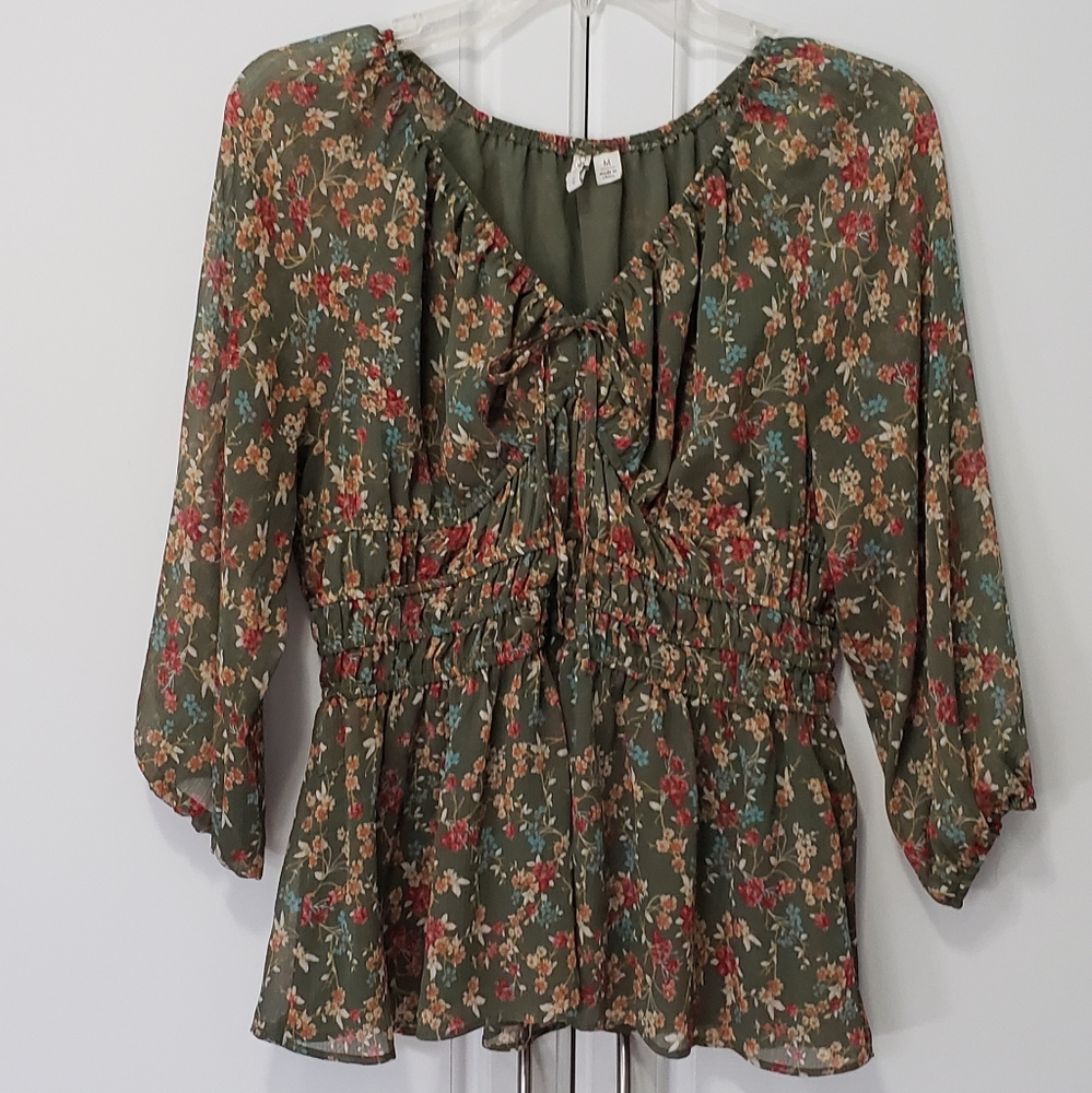 Cato Green and Red Smocked Tie Front Blouse